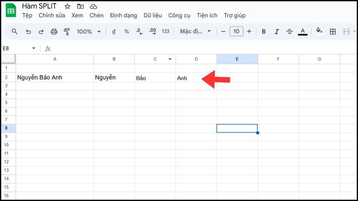 Hướng dẫn tách họ và tên bằng hàm SPLIT trong Google Sheets - Bước 3